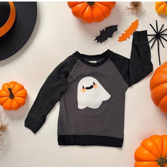 Monica + Andy | Organic Cotton Embroidered Halloween Ghost Emoji Gray Sweatshirt - Picture 1 of 8